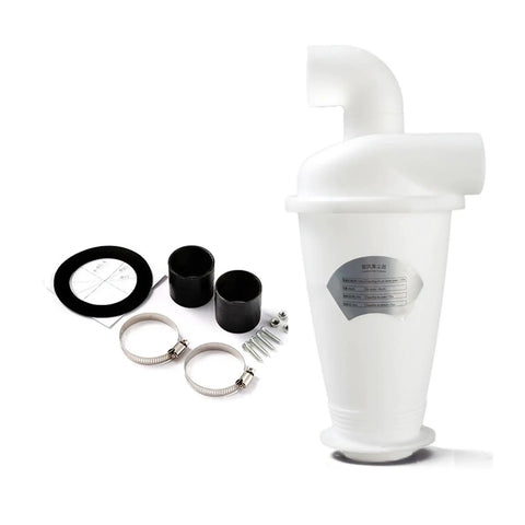 Turbo Cyclone Dust Collector For Vacuum Cleaners kit with fittings and clamps, white heavy-duty cyclone system for industrial use.