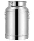 Kick Your Pantry Game Up With This Badass 304 Stainless Steel Milk Can Storage Container Featuring A Secure Tight Lid And Drip Free Spigot Tap Perfect For Bulk Rice Flour Sugar Coffee Beans At Full 16.9 Gallon Capacity side angle view of shiny steel container with latches