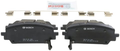 Front view of Bosch BC2380 QuietCast ceramic brake pad set with mounting hardware, two pads
