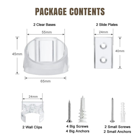 Package contents of Totally Clear Lightsaber Wall Mount Set Dual Pack Holder Rack For Galaxy Edge Sabers Darth Vader Darth Revan And Most Lightsabers Premium ABS 3D Printed Display Stand That Lets Your Saber Shine, including clear bases, slide plates, wall clips, screws, and anchors.