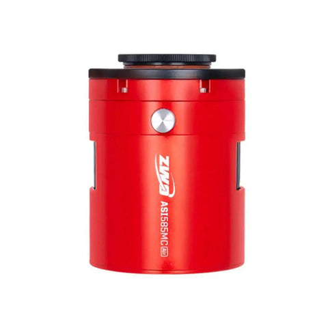 Compact red Air Cooled Color Astronomy Camera With Built In Guide Camera And ASIAir Control All In One 585MC Sensor front view.