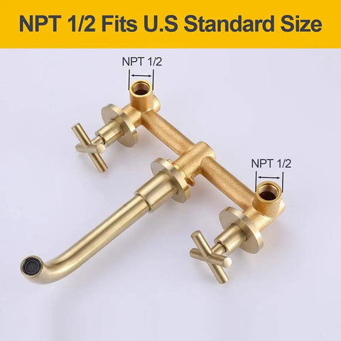 Wall Mounted Brushed Gold Bathroom Sink Faucet With Solid Brass Construction 360 Swivel Tub Spout Double Cross Handles With NPT 1/2