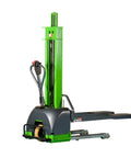 Compact Electric Pallet Stacker With A Rock Solid Frame And Responsive Fork Lifts for moving pallets, featuring a green frame and adjustable forks.