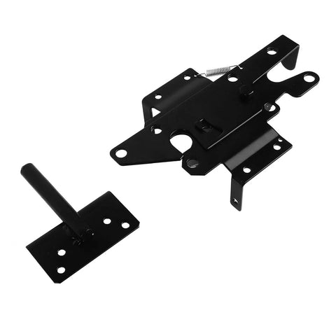 Tough As Nails Self Locking Gate Latch Built From Durable Stainless Steel For Bulletproof Fence Security And Instant Yard Gate Catch hardware piece in black, showcasing its sturdy design and mounting features.