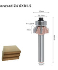 Heavy Duty 6Mm Shank Router Bits Featuring 4 Flute Ultra Sharp Design for edge trimming with dimensions shown and wooden blocks on side.