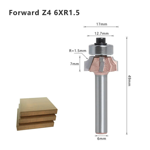 Heavy Duty 6Mm Shank Router Bits Featuring 4 Flute Ultra Sharp Design for edge trimming with dimensions shown and wooden blocks on side.