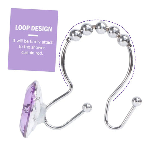 12-Piece Rust-Resistant Shower Curtain Hooks With Purple Rhinestones, Glide Double Hooks, Stainless Steel, Bathroom Decor