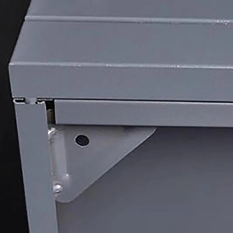Heavy Duty Pegboard Tool Cabinet With Lockable Doors And Deep Shelves corner detail showing sturdy metal construction and hinge.