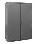 48 Inch Wide Rock Solid Steel Lockable Workshop Cabinet Featuring 138 Blue Hook On Organizers And Three Adjustable Shelves side view with double doors
