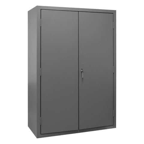 48 Inch Wide Rock Solid Steel Lockable Workshop Cabinet Featuring 138 Blue Hook On Organizers And Three Adjustable Shelves side view with double doors