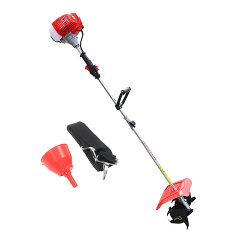 Gas Powered Garden Tiller With 43cc Two Stroke Engine, Long Pole Cultivator, red engine, fuel funnel, and accessory bag shown