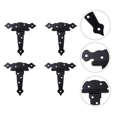 Four Pack Black Iron T Shape Door Hinges For Wooden Doors With Eight Screw Holes Bearing Design For Smooth Quiet Operation