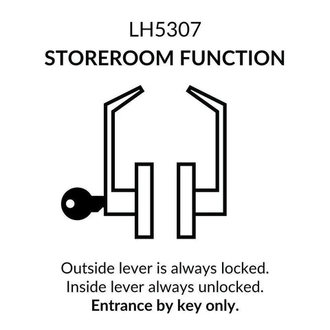 Diagram of Commercial Lever Door Lock Set With Keyed Entry, Rugged Heavy Duty Grade 2 Door Handle showing storeroom function