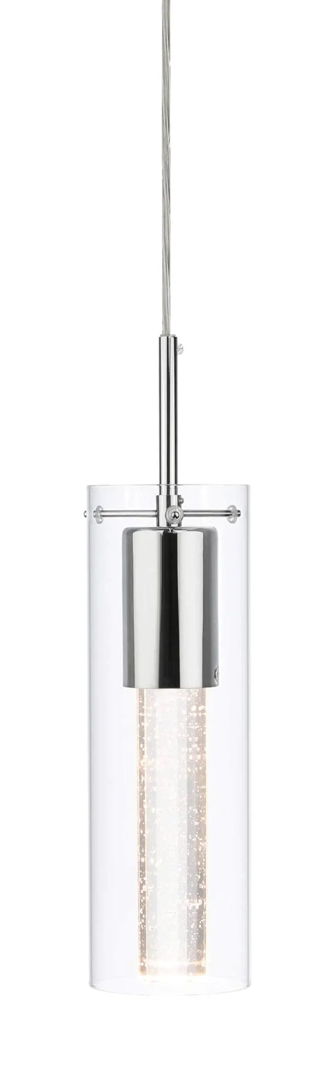 Chrome Finish Glass Bubble Crystal Mini Pendant Light With LED Bulb For Kitchen And Dining Rooms, featuring cylinder shade.