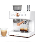 Next Level Semi Automatic Espresso Machine With Badass Built In Grinder And Silky Milk Frother Featuring WiFi App Control Custom Drinks, matte white with copper accents.