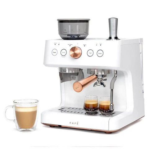 Next Level Semi Automatic Espresso Machine With Badass Built In Grinder And Silky Milk Frother Featuring WiFi App Control Custom Drinks, matte white with copper accents.