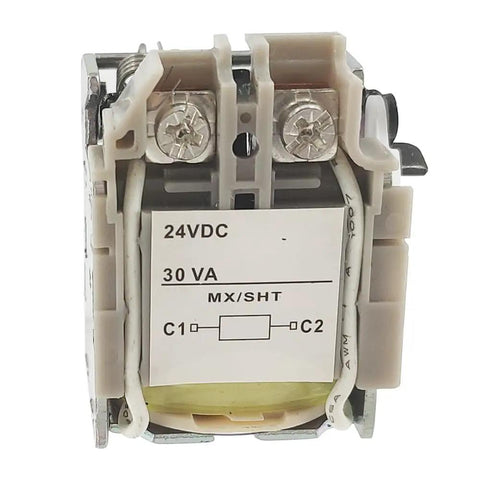 Front view of Circuit Breaker Accessory Shunt Trip 24VDC For PowerPacT H J L Series Controllers, white-gray with labeling.