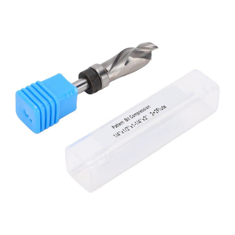 Gowenic 1 4 Inch Shank Spiral Flush Trim Router Bit With Compression Edges For Smooth CNC Woodworking and Template Trimming Jobs, showing blue handle and protective case.