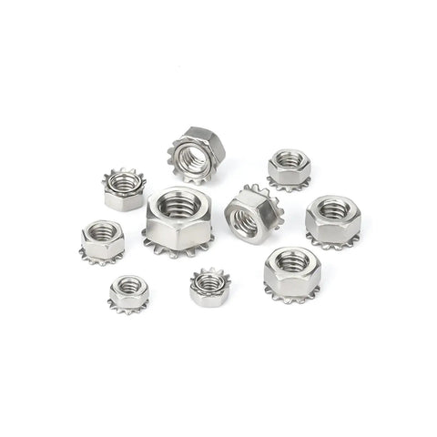 Top Grade 304 Stainless Steel Metric K-Type Serrated Hex Lock Nuts With External Toothed Polydentate Design For Industrial Fastening Needs And DIY Projects From M3 To M10 Sizes Available In Bulk Packs, assorted sizes.