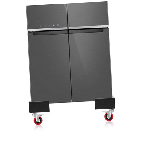Heavy Duty Swivel Caster Wheels Four Pack With Extended Stems For Tool Carts And Hand Trucks Smooth Rollin stainless steel wheels on a fridge.