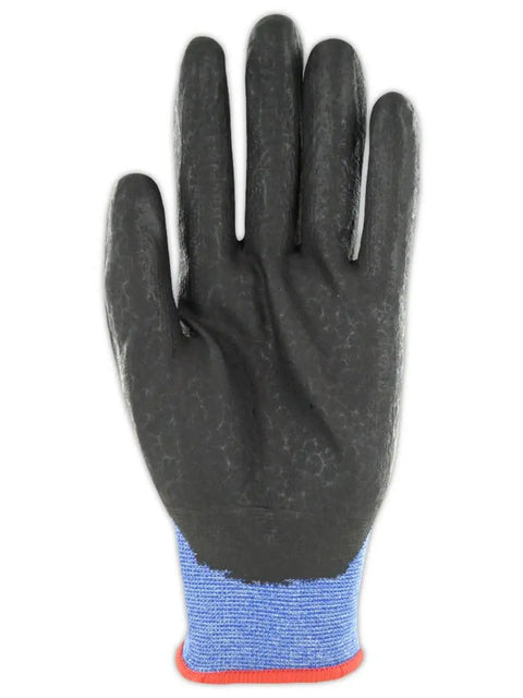 AeroDex 18 Gauge ANSI A5 Cut Resistant Work Gloves With Foam Nitrile Palm Coating, Size Large 9, blue glove displaying black palm