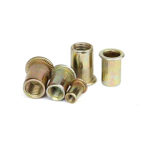 Bulk 10 Pack Flat Head Threaded Insert Nuts M3 To M12, Heavy Duty Zinc Plated Steel Rivet Nuts with knurled body.