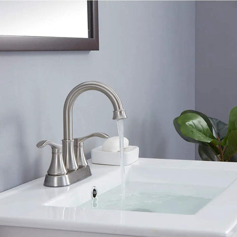 2-Handle Brushed Nickel Bathroom Sink Faucet With 360 Degree Swivel High Arc Spout and 4 Inch Centerset in use with water flowing