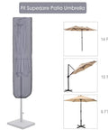 Patio Umbrella Cover With Rod For 7 To 11 Foot And 15 Foot Double Sided Umbrellas Built Tough With 600D Oxford Fabric Waterproof Zippered Weatherproof Gray on a stand next to various umbrella sizes