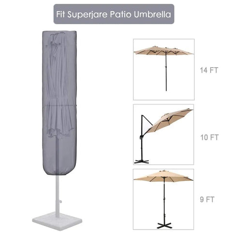 Patio Umbrella Cover With Rod For 7 To 11 Foot And 15 Foot Double Sided Umbrellas Built Tough With 600D Oxford Fabric Waterproof Zippered Weatherproof Gray on a stand next to various umbrella sizes