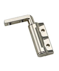 L-shaped zinc alloy damping hinge, side view with two mounting holes