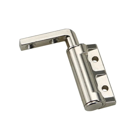 Angled side view of zinc alloy L-shaped damping hinge with two screw holes