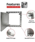 Tough As Nails 9 8 Inch Square Access Panel With Tile Ready Cover And Snug Magnetic Latch No Sweat Diy Install For Hidden Utility Passages Heavy Duty Steel Build showing features like magnetic latch and hidden pin hinge.