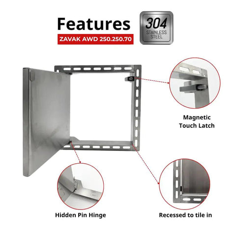 Tough As Nails 9 8 Inch Square Access Panel With Tile Ready Cover And Snug Magnetic Latch No Sweat Diy Install For Hidden Utility Passages Heavy Duty Steel Build showing features like magnetic latch and hidden pin hinge.