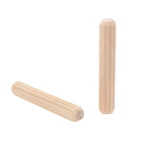 One Quarter Inch By One And A Half Inch Hardwood Dowel Pins, Straight Grooved With Beveled Ends, 100 Pack, front and side view