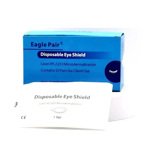 Secure Your Peepers With Confidence Using 100 Pairs Of Disposable Laser Eye Shields Perfect For IPL LED And Microdermabrasion Work. Box and shield visible.