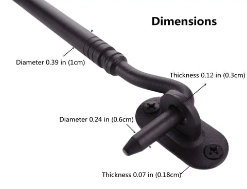 Close-up of 6 Inch Barn Door Lock And Sliding Gate Latch Set in stainless steel with dimensions, rust resistant black finish, and screws visible.