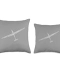 Glider Plane Throw Pillow For Pilot Fans With Soaring Flying Theme Cozy Home Decor Double Sided Print 100 Percent Polyester Fabric Soft And Durable Great Gift Idea For Christmas Easter Birthdays Alpine Mountain Flight showing front view with gray background and airplane graphic on two sizes of pillows.