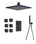 Upgrade Your Digs With This Premium Black Ceiling Mounted Shower System Combo Featuring A Giant 20 Inch Rain Shower Head, Pulsating Body Jets, And An Adjustable Handheld Wand Giving You Comfort And Style For Everyday Routines That Hit Hard! - black rain shower head, six body jets, brass thermostat.