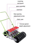 Labeled diagram of Metal Precision Garden Push Seeder With Five Row Simultaneous Seeding, showing components like seed box and gear assembly.
