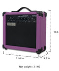 Purple 20W Bass Amp Portable Practice Speaker With Six Point Five Inch Driver Aux Input And Headphone Output Ideal For Beginners Students And Home Or Outdoor Jams Gift Idea, front angle view with dimensions.