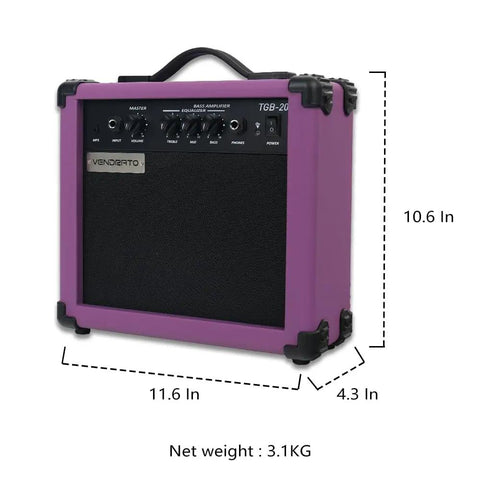 Purple 20W Bass Amp Portable Practice Speaker With Six Point Five Inch Driver Aux Input And Headphone Output Ideal For Beginners Students And Home Or Outdoor Jams Gift Idea, front angle view with dimensions.