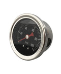Front view of automotive inline fuel pressure gauge, 0–100 psi, metal bezel, black dial