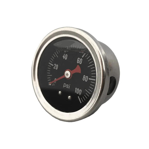 Front view of automotive inline fuel pressure gauge, 0–100 psi, metal bezel, black dial