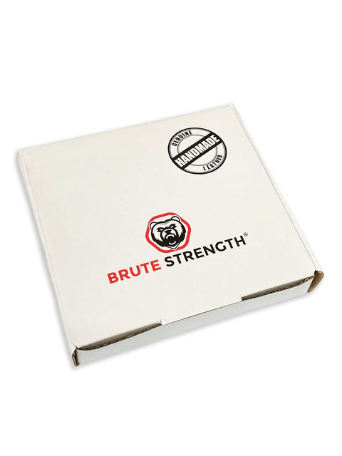 White packaging box for braided leather drawer pulls set, featuring Brute Strength logo and handmade label