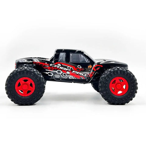 Side view of 1/18 RC Crawler Pro Juice Up Edition RTR With HBW Electronics, 2.4GHz 4CH Radio, Brushless Power, red wheels.