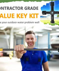 17 Inch Water Meter Key With 4 Way Multi Functional Utilities Key, T Handle Water Shut Off Tool held by a person.