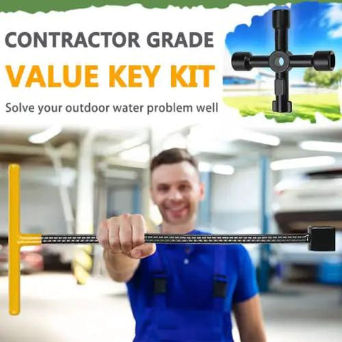 17 Inch Water Meter Key With 4 Way Multi Functional Utilities Key, T Handle Water Shut Off Tool held by a person.