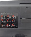 Close-up of Money Counter Machine With Denomination Sorting And Built In Printer LCD Display showing prohibited items list.