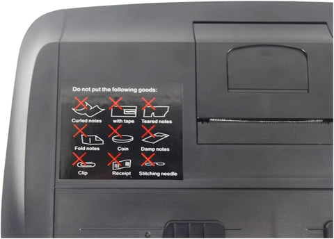Warning label on Fast Track Auto Bill Money Counter With Serial Number Reader and Multi Currency Denomination Sorter.