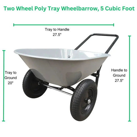 Two Wheel Poly Tray Wheelbarrow With Air Filled Tires, 5 Cubic Foot Rust Proof Tray, Gray and Black, Loop Handle, Easy Assembly